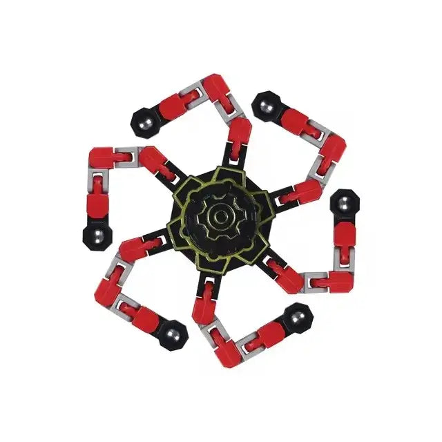Deformed spinner fidget toy with colorful red and black segments for stress relief and sensory play