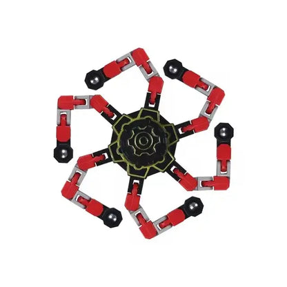 Deformed spinner fidget toy with colorful red and black segments for stress relief and sensory play
