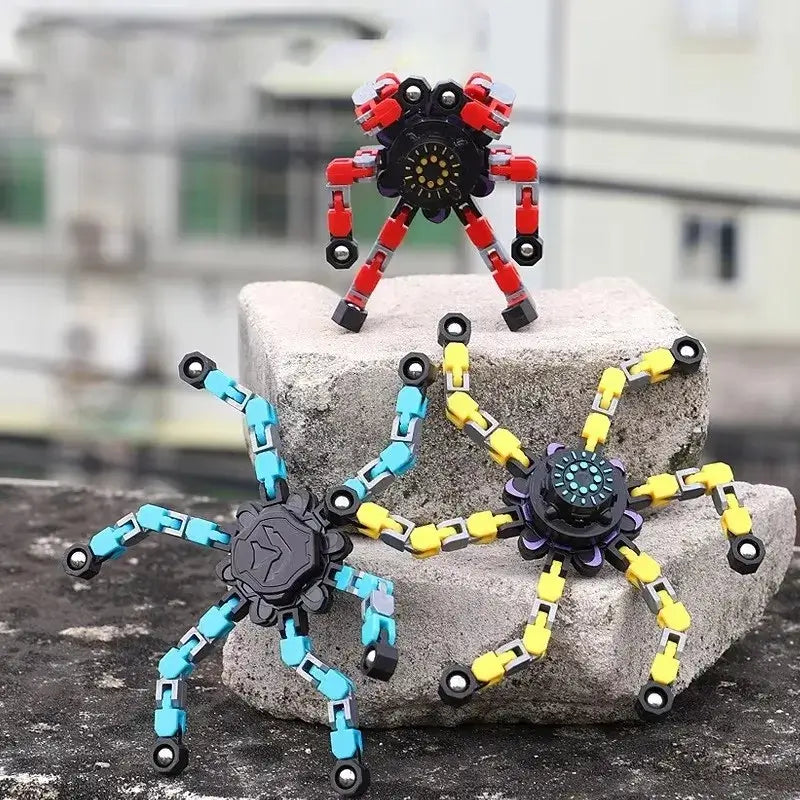 Colorful deformed spinner fidget toy set with unique designs and flexible arms for stress relief
