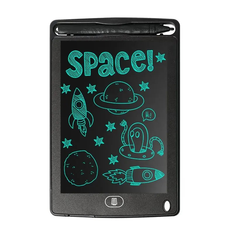ActivePlaythings digital LCD writing board for kids featuring colorful space designs