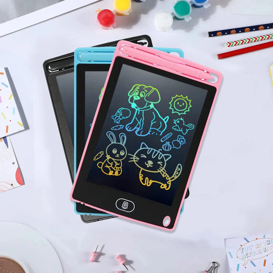 Montessori digital LCD writing board for kids in various colors showcasing fun drawings and designs