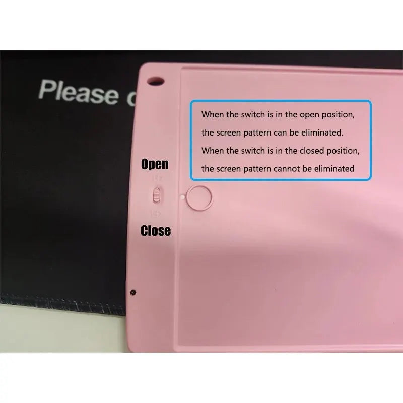 ActivePlaythings digital LCD writing board for kids with open and close instructions on a pink background