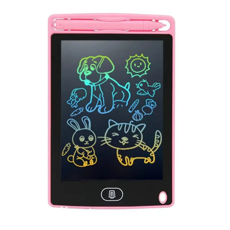 ActivePlaythings digital LCD writing board for kids featuring colorful drawings of animals and shapes