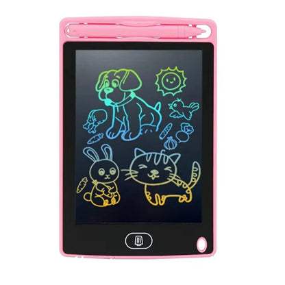 ActivePlaythings digital LCD writing board for kids featuring colorful drawings of animals and shapes