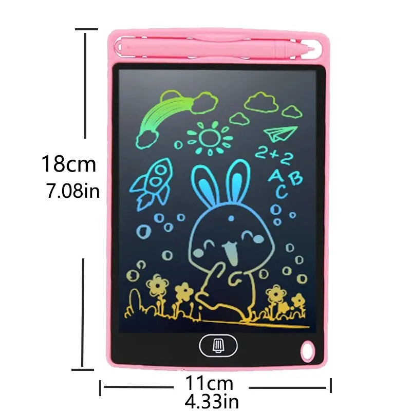 ActivePlaythings digital LCD writing board for kids with colorful drawings and doodles on a black screen