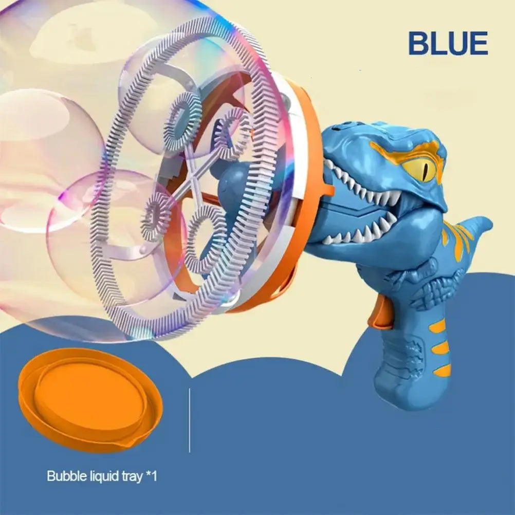 Dinosaur bubble gun for kids in blue with a bubble tray for fun outdoor playtime