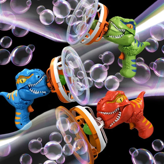 Colorful dinosaur bubble gun for kids with a fun design creating a stream of bubbles