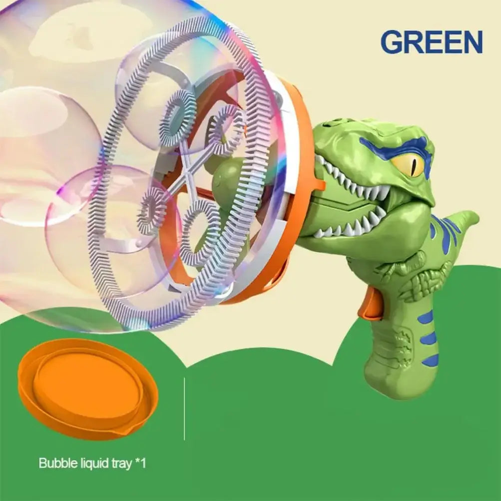 Dinosaur bubble gun for kids featuring a playful T-Rex design with bubble tray included