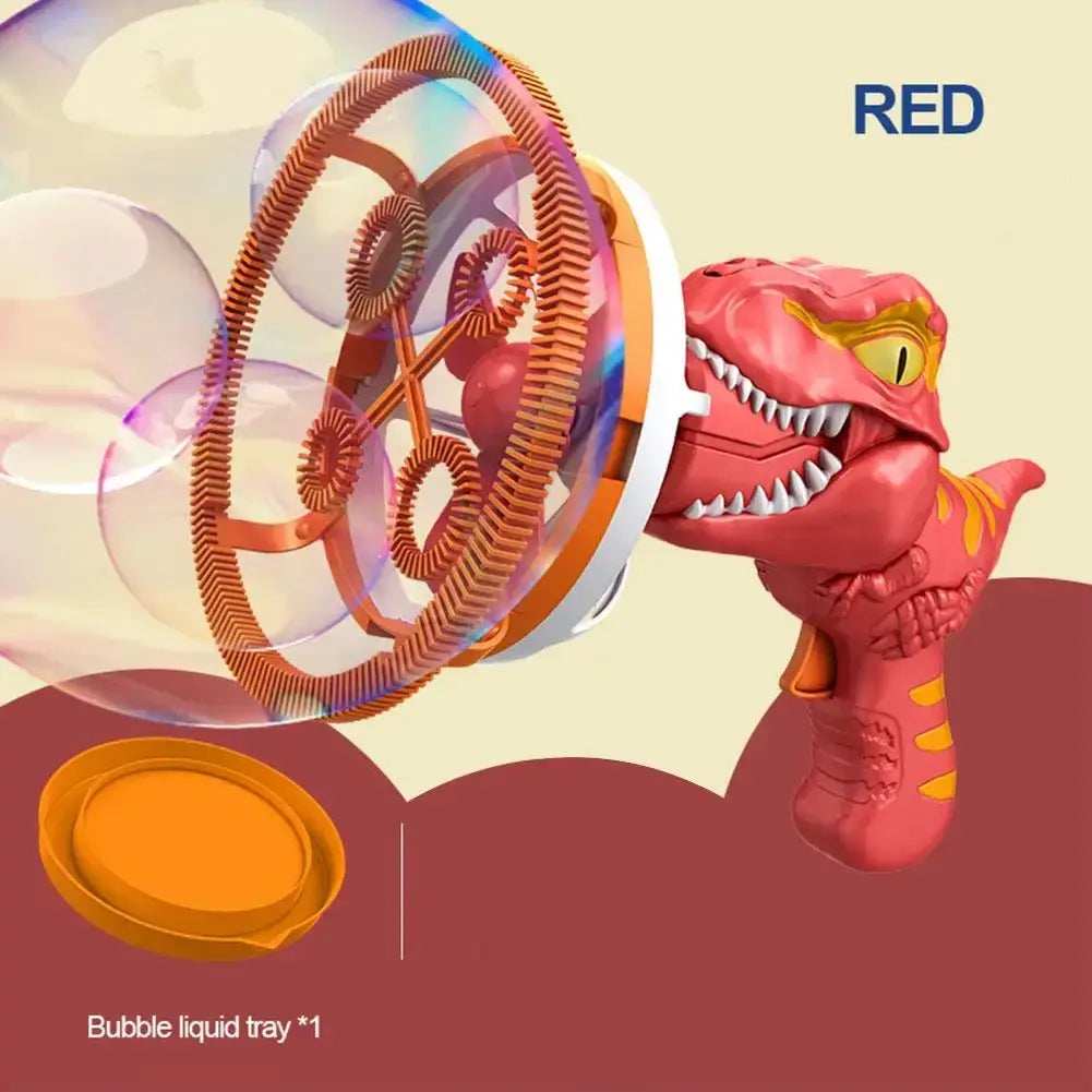 Bright red dinosaur bubble gun for kids with bubble liquid tray included for outdoor fun
