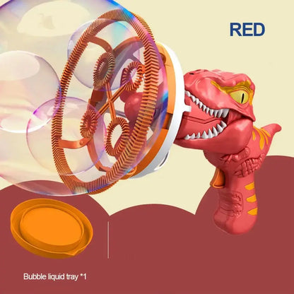 Bright red dinosaur bubble gun for kids with bubble liquid tray included for outdoor fun