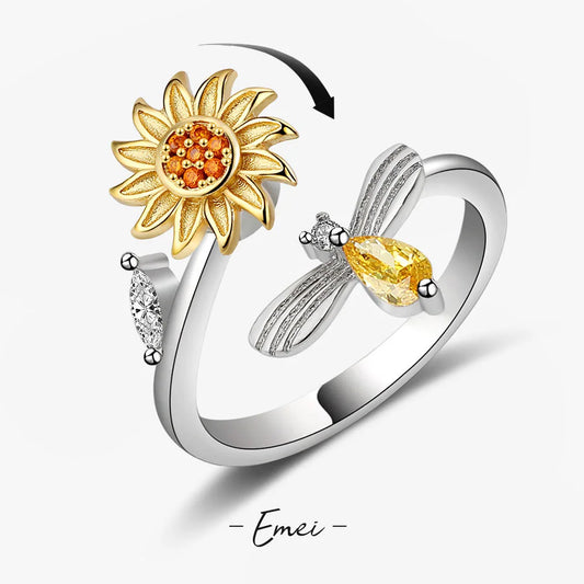 Silver adjustable ring with sunflower fidget ring silver design and dragonfly detail by Active Playthings