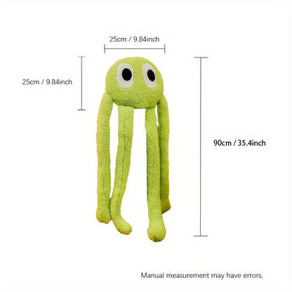 Green extra large octopus plush pillow with big eyes and long soft tentacles measuring 35 inches tall