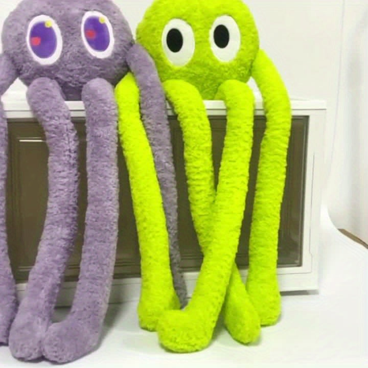 Two extra large octopus plush pillows in purple and lime green with big eyes by Active Playthings