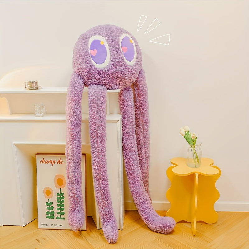 Purple extra large octopus plush pillow with big eyes leaning on white furniture in a cozy room