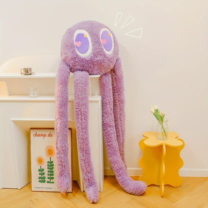 Purple extra large octopus plush pillow with big eyes leaning on white furniture in a cozy room