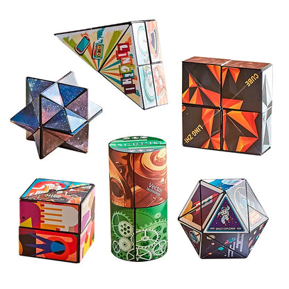 Variety of geometric magnetic magic cubes in colorful designs for challenging brain teasers