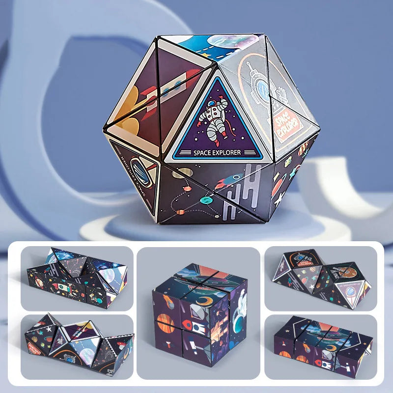 Geometric magnetic magic cube from Active Playthings with vibrant space-themed designs and multiple configurations
