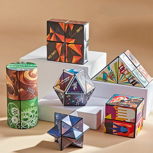 Geometric magnetic magic cube puzzle set featuring colorful designs for creative brain teasing fun