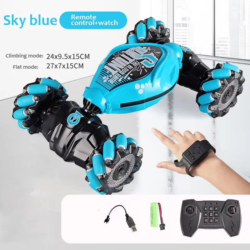 Sky blue gesture sensing remote control car with climbing and flat modes, includes remote control and watch