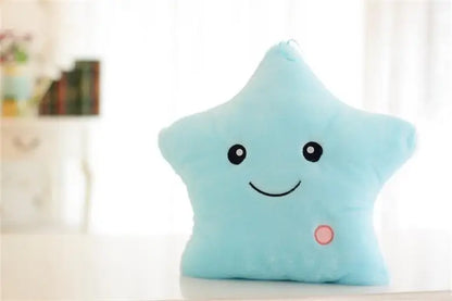 Adorable star-shaped glowing LED plush cushion in soft blue for children's comfort and fun