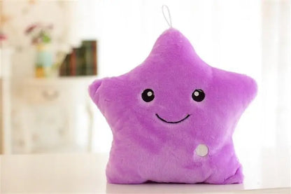 Cute purple star-shaped glowing LED plush cushion with a happy face for kids' rooms