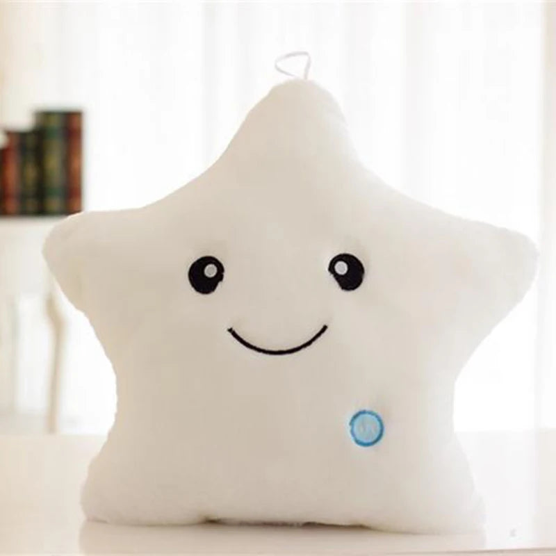 White star-shaped glowing LED plush cushion with a smiling face, perfect for kids' rooms.