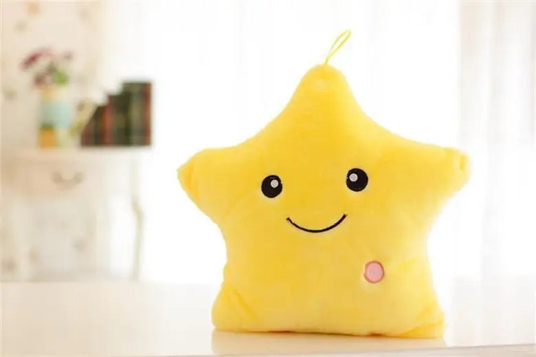 Smiling yellow star-shaped cushion designed for kids featuring a glowing LED plush cushion