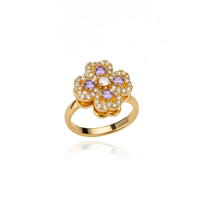 Gold flower design adjustable therapeutic fidget ring with purple and white gemstones by Active Playthings