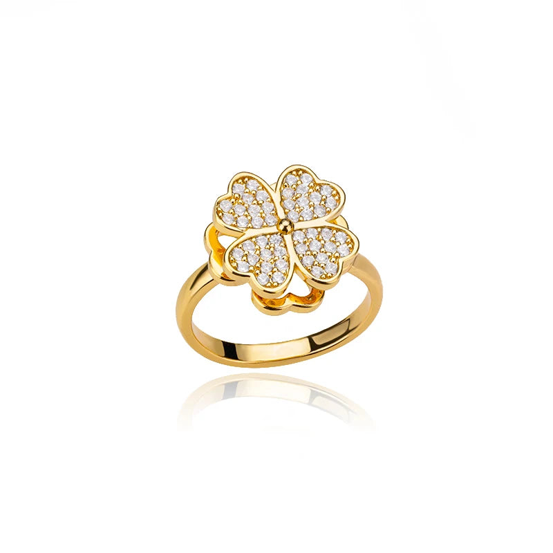 Gold four-leaf clover adjustable therapeutic fidget ring with embedded crystals by Active Playthings