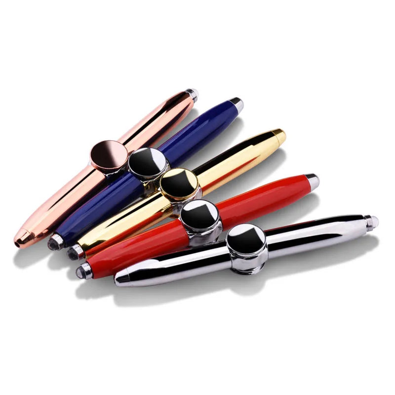 Colorful Gyro Pen Fidget Spinner in red, blue, gold, and silver designs for stress relief.