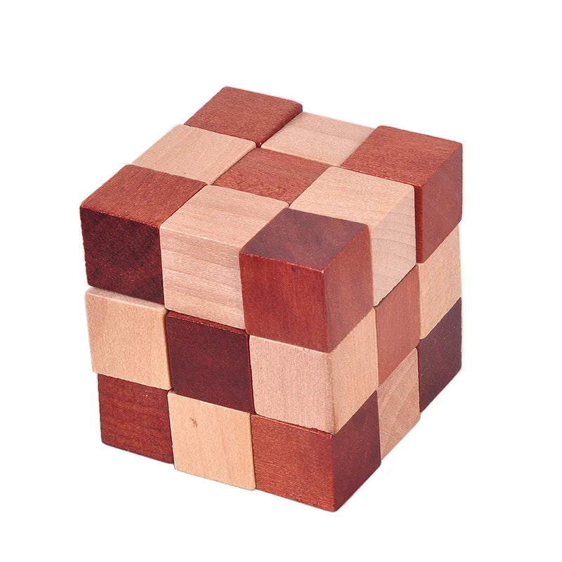 A colorful wooden cube puzzle featuring various shades of brown and cream, showcasing a geometric design with interlocking pieces.
