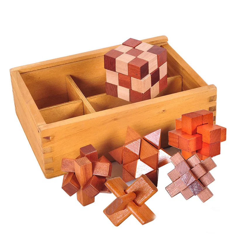 IQ brain teaser game set featuring wooden puzzles in various shapes and a storage box