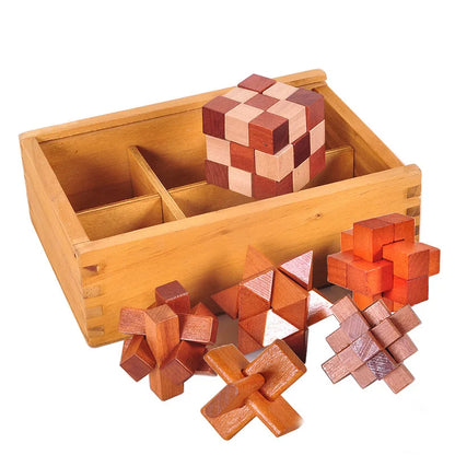IQ brain teaser game set featuring wooden puzzles in various shapes and a storage box