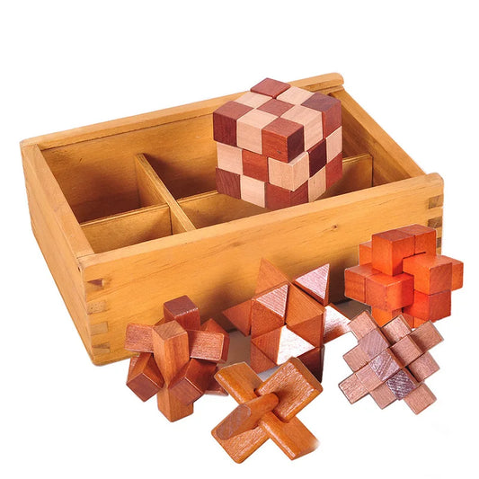 IQ brain teaser game set featuring wooden puzzles in various shapes and a storage box