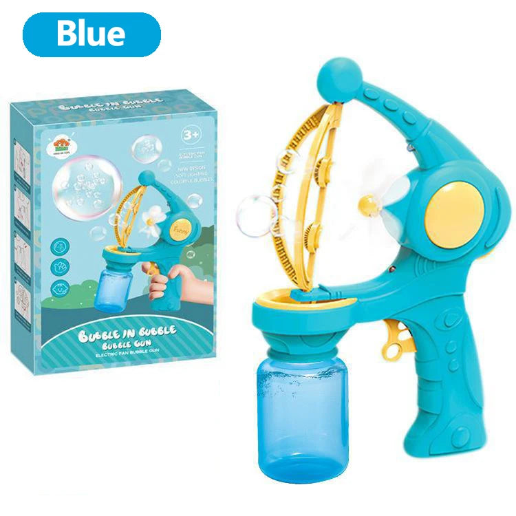 Blue 8-hole bubble gun for kids with easy grip and included bubble solution bottle