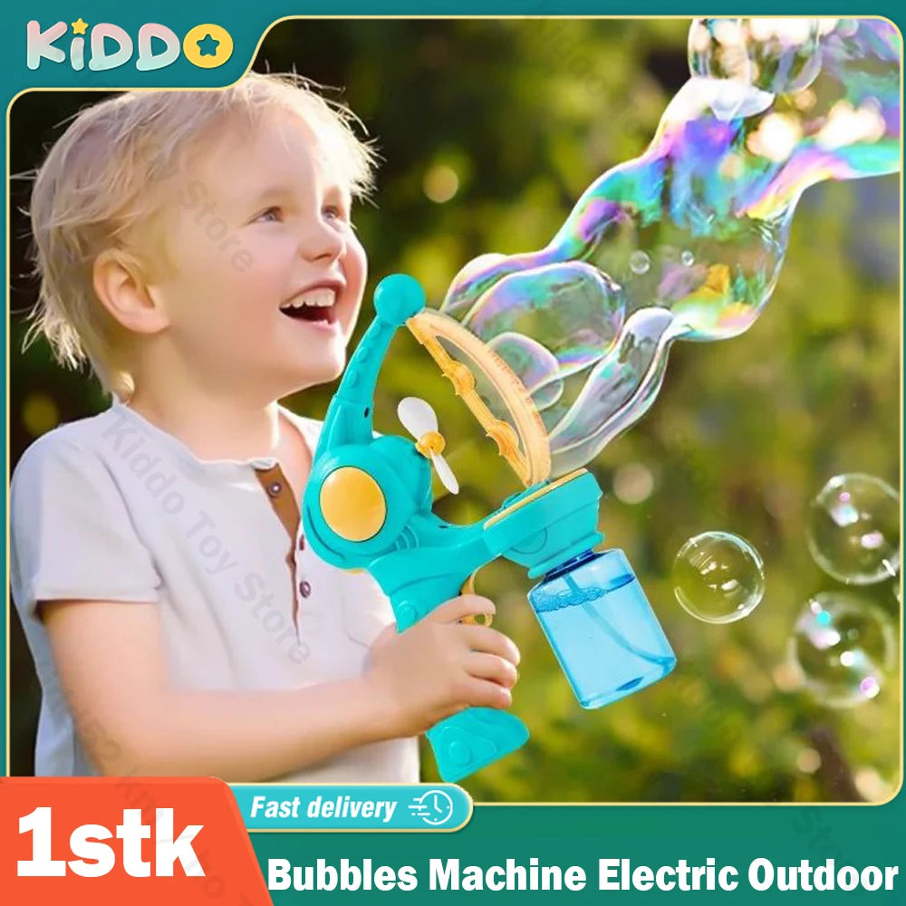 Active Playthings 8-hole bubble gun for kids, creating large colorful bubbles outdoors