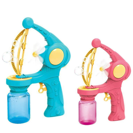 Two colorful 8-hole bubble guns for kids, one in blue and one in pink, designed for outdoor fun
