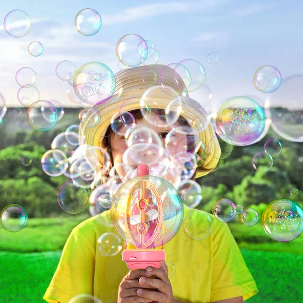 Child holding an 8-hole bubble gun for kids, surrounded by colorful bubbles outdoors