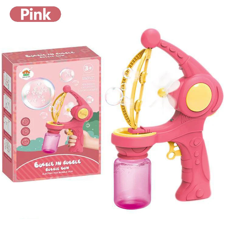 Pink 8-hole bubble gun for kids with bottle, perfect for outdoor fun and bubble-making activity