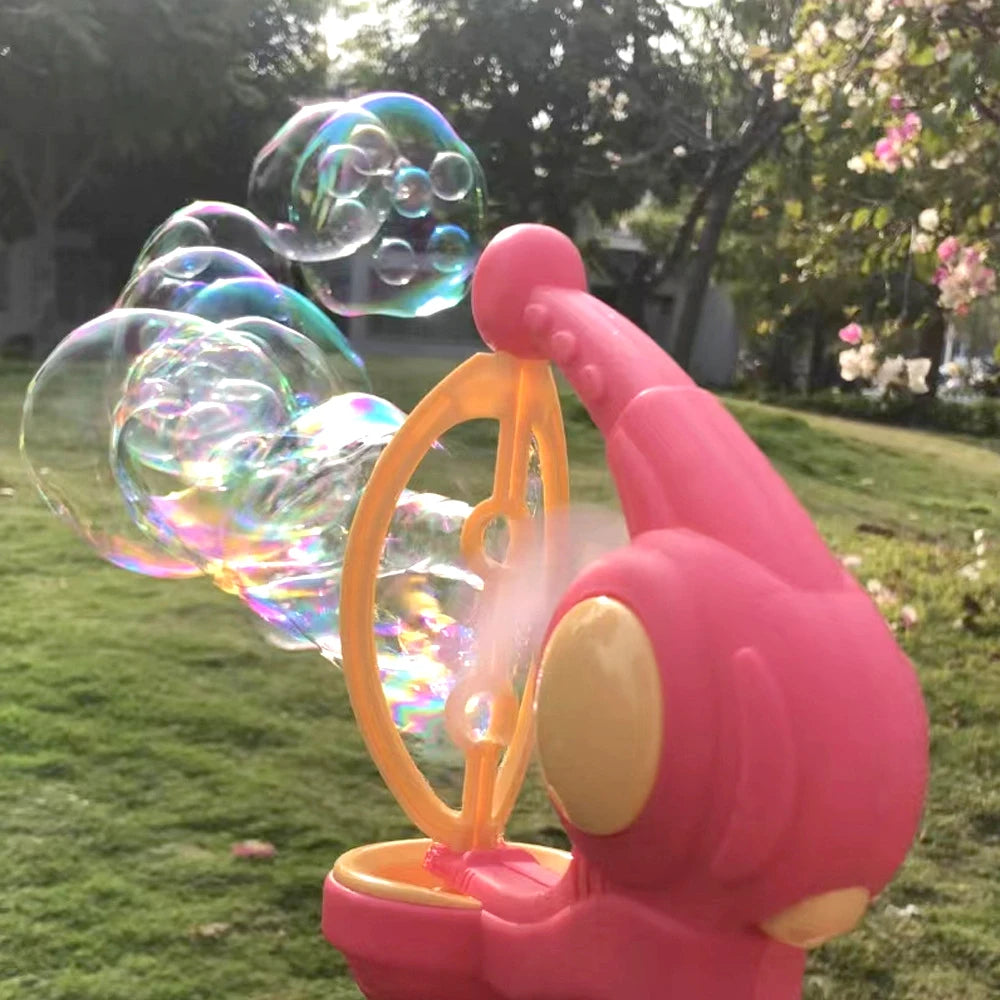 Active Playthings 8-hole bubble gun for kids, creating large colorful bubbles in a sunny garden