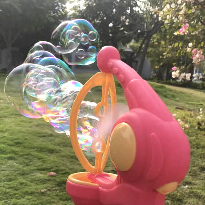 Active Playthings 8-hole bubble gun for kids, creating large colorful bubbles in a sunny garden