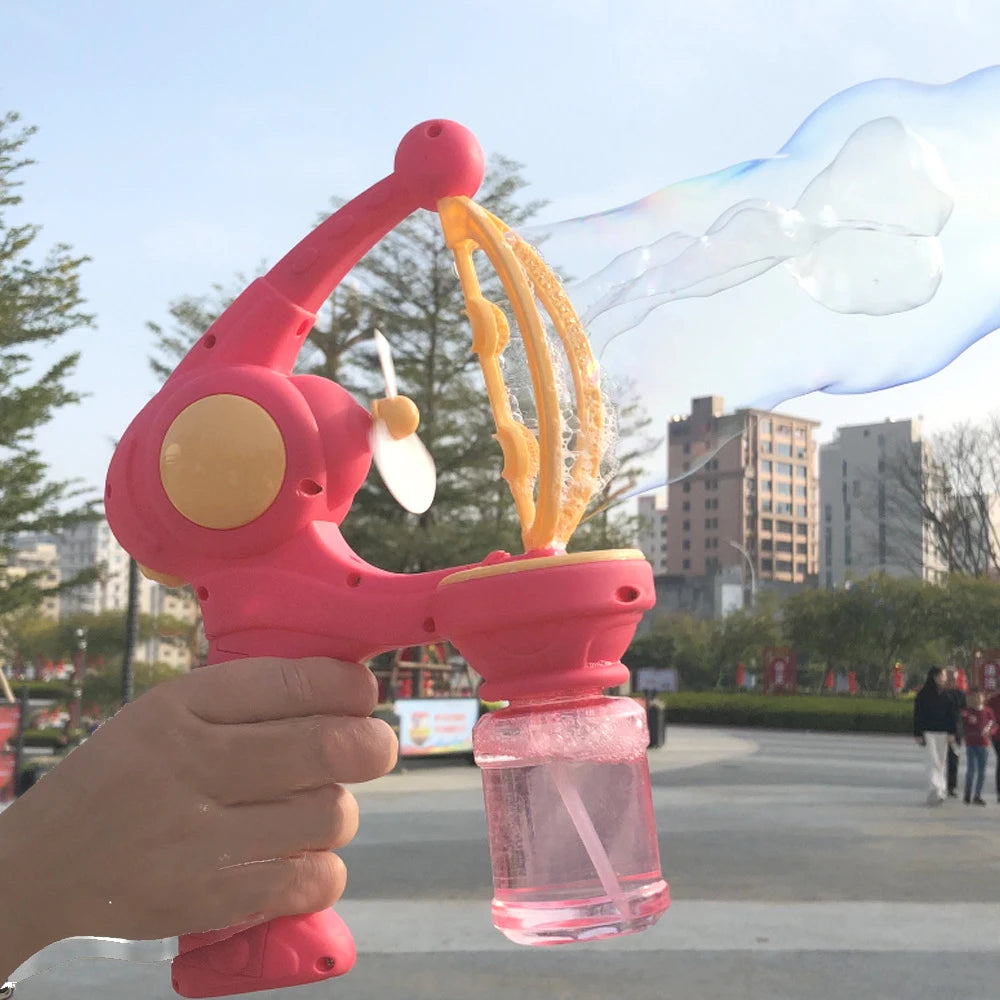 Colorful 8-hole bubble gun for kids creating vibrant bubbles outdoors in a park