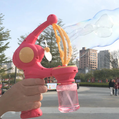 Colorful 8-hole bubble gun for kids creating vibrant bubbles outdoors in a park