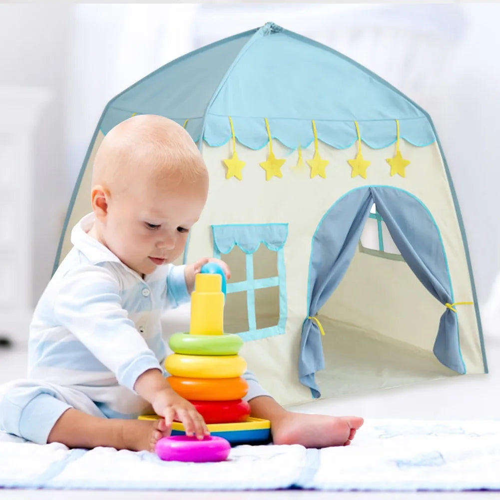 ActivePlaythings kids folding play tent with a child playing with a colorful stacking toy inside