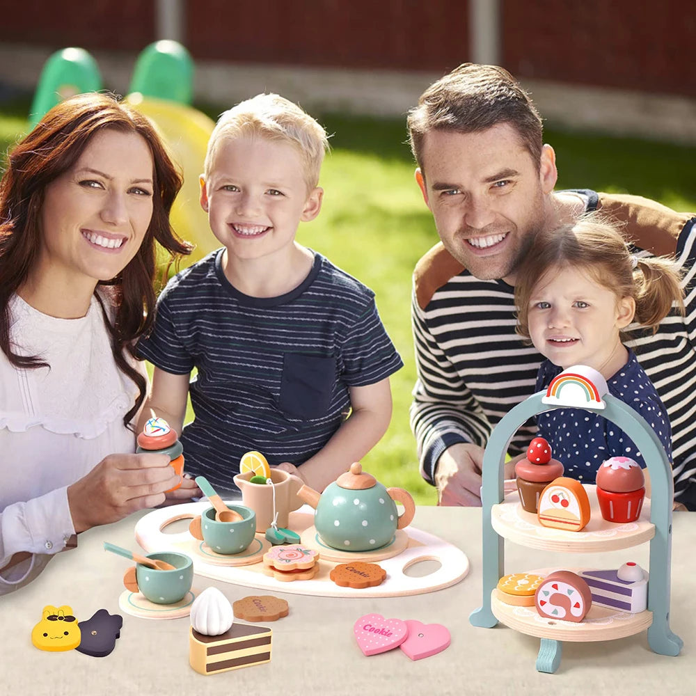 Active Playthings kids tea party tableware set with colorful dishes and parents enjoying tea time with kids
