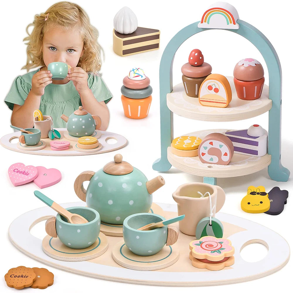 Colorful wooden kids tea party tableware set with cups, teapot, and sweets for imaginative play