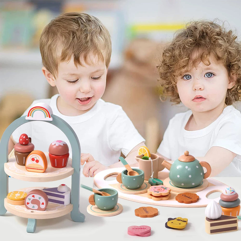 kids tea party tableware set with wooden treats and cups for imaginative play