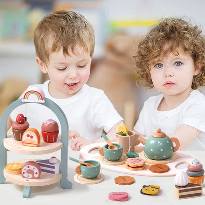 kids tea party tableware set with wooden treats and cups for imaginative play
