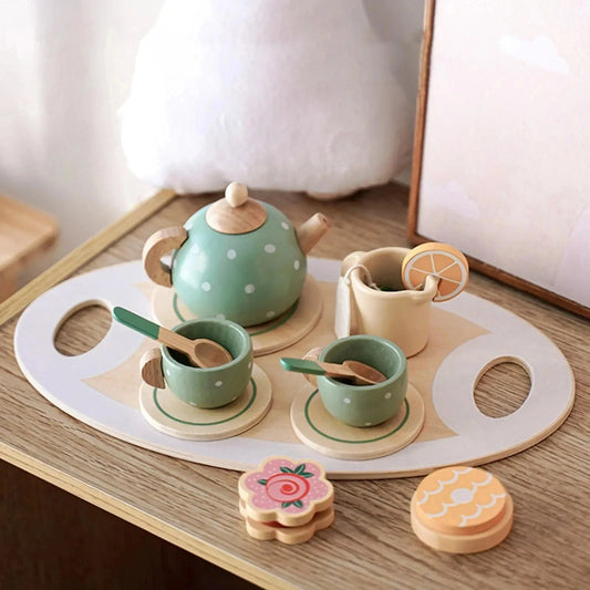 Wooden kids tea party tableware set with teapot, cups, and accessories for imaginative play