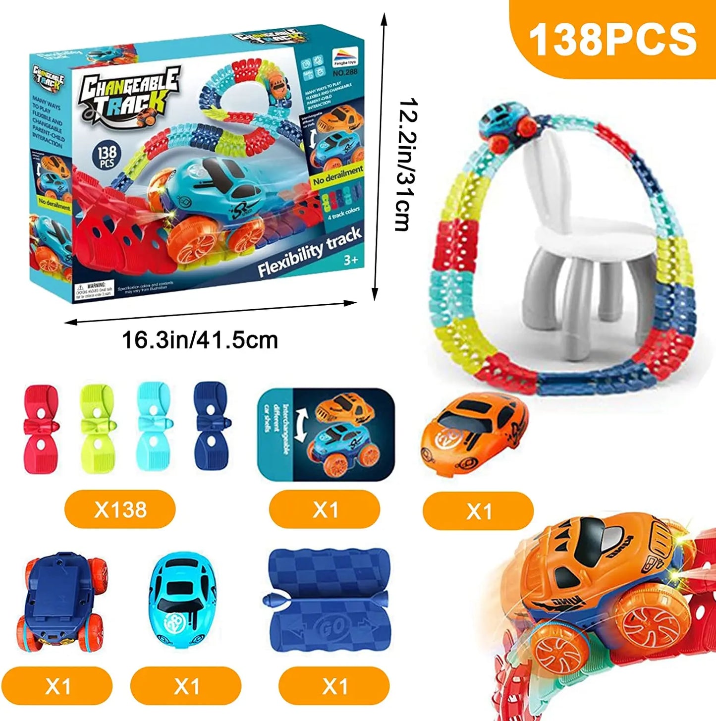 LED gravity car track set with 138 pieces, flexible track, and colorful racing cars for fun playtime